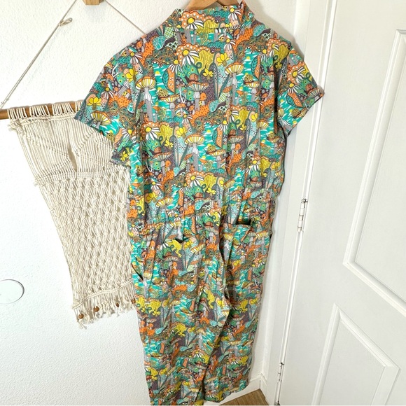 70s 60s Magnificent Mushroom Snail Flower Power Retro Hippie Teal Jumpsuit XL - Picture 8 of 12